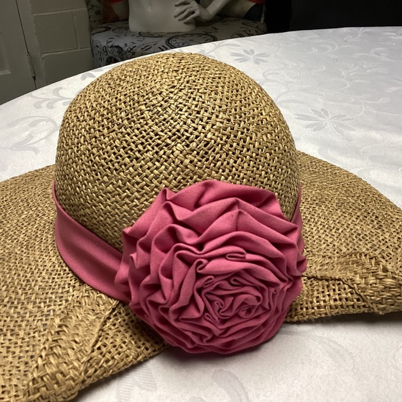 Women’s straw hat, turned back, brown, beautiful pink bow - Picture 3 of 7